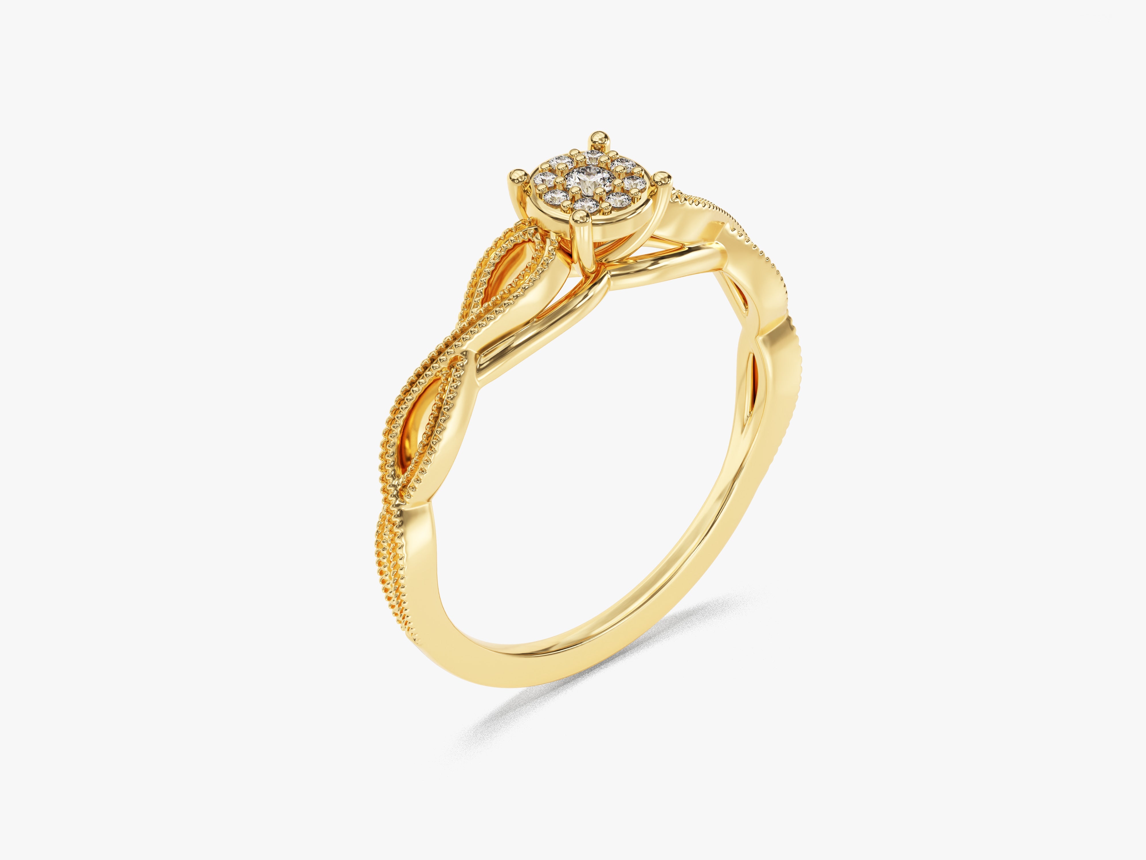 Gold diamond engagement ring with twisted band and beaded detail