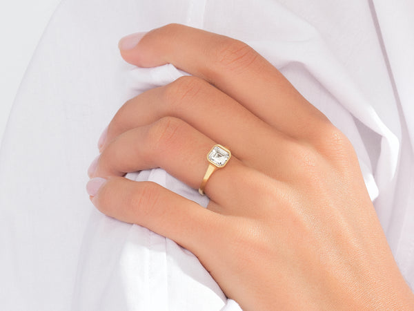 Flat Band Asscher Cut Lab Grown Diamond Engagement Ring