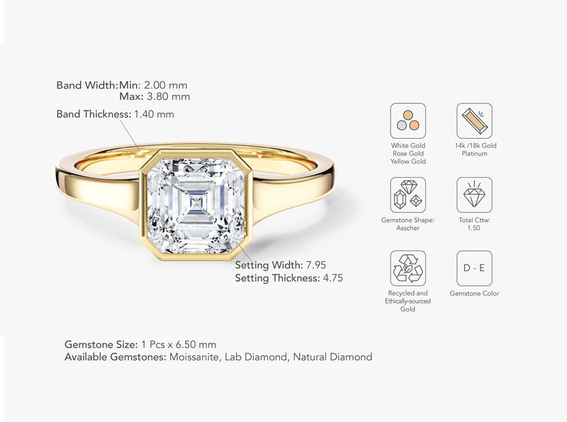 Flat Band Asscher Cut Natural Diamond Engagement Ring