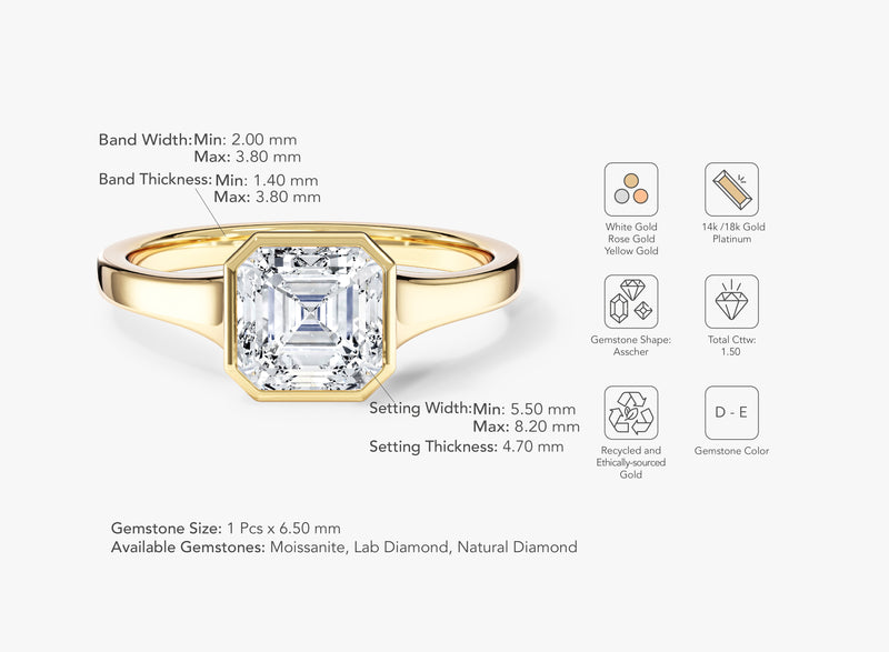 Flat Band Asscher Cut Moissanite Engagement Ring