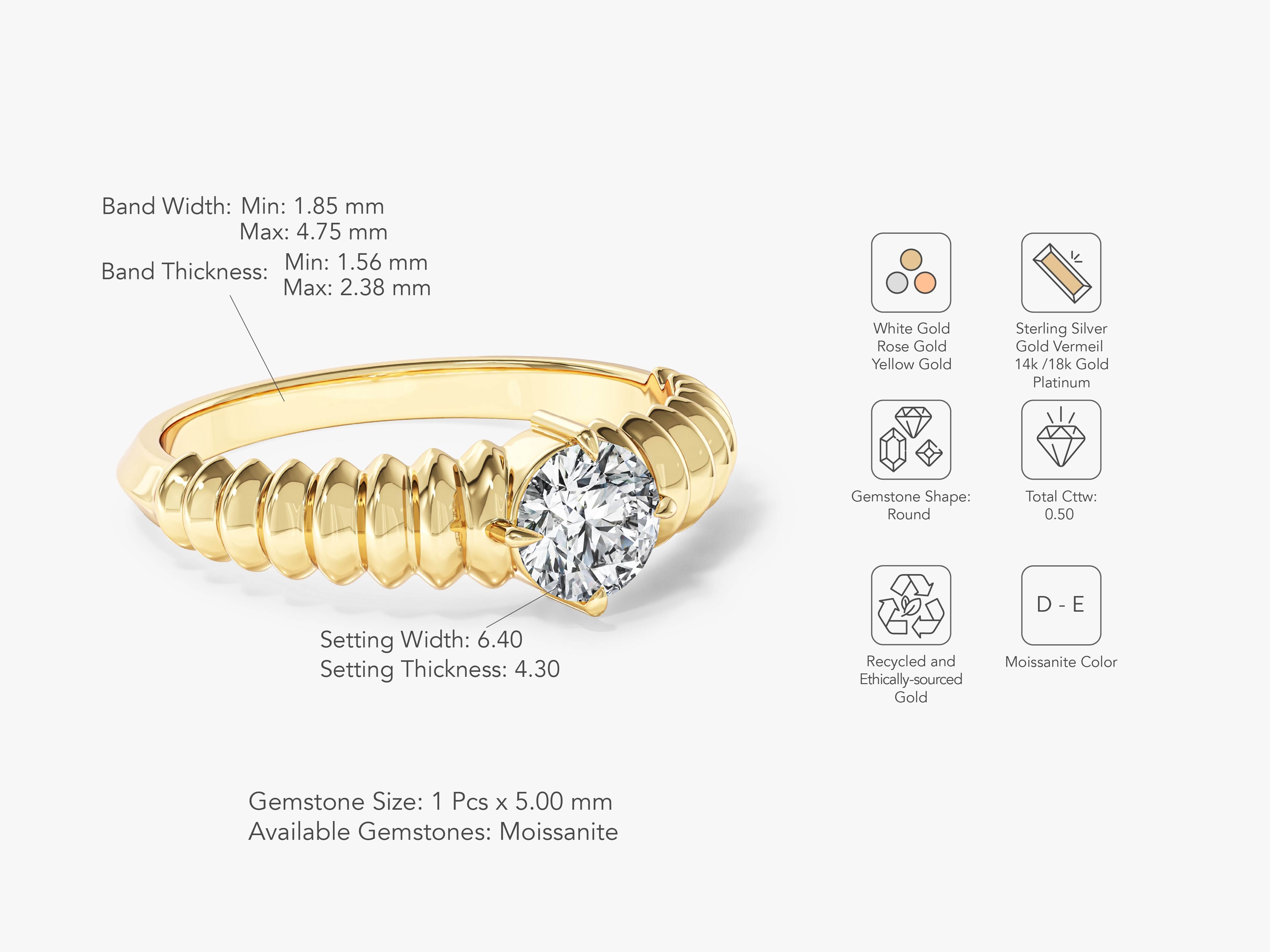 Gold moissanite ring with ribbed band and diamond details