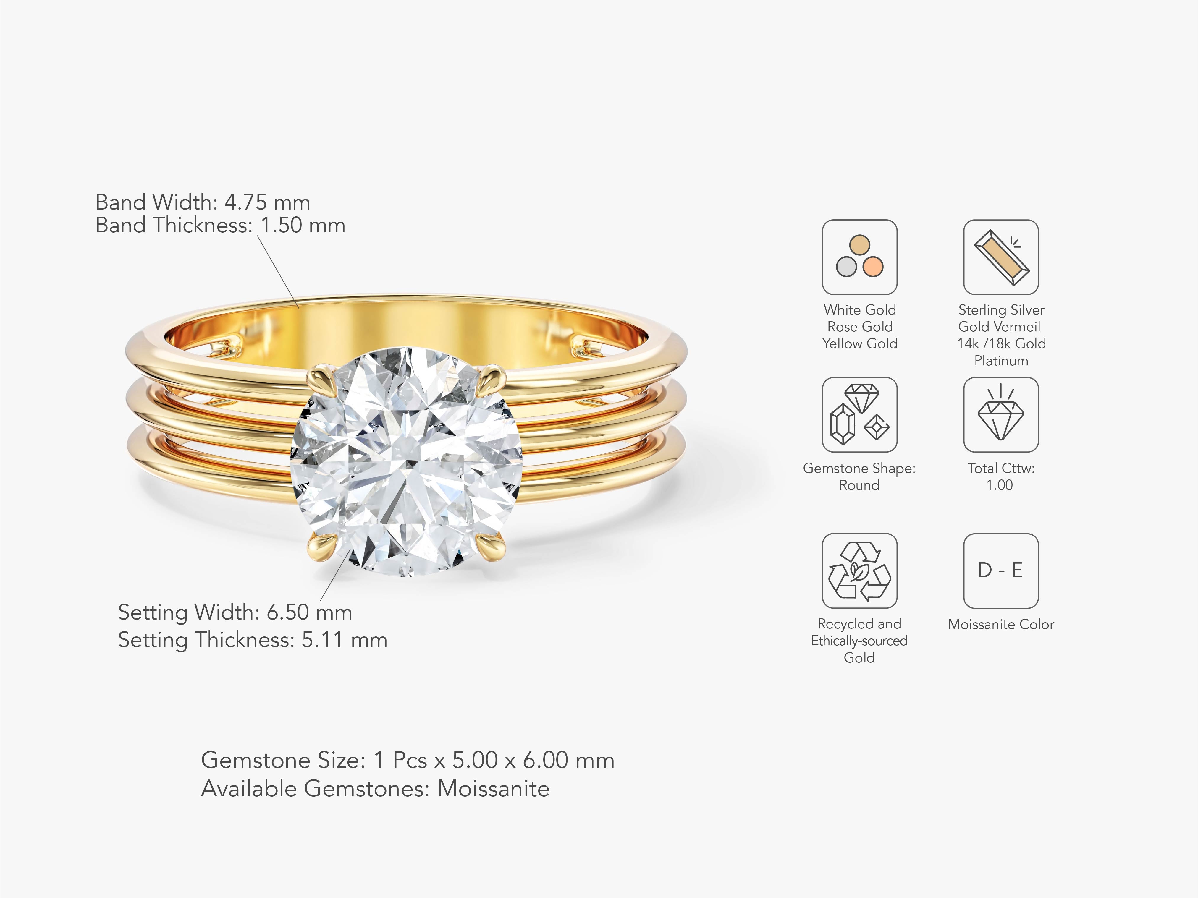 Gold ring with round moissanite gemstone, jewelry details
