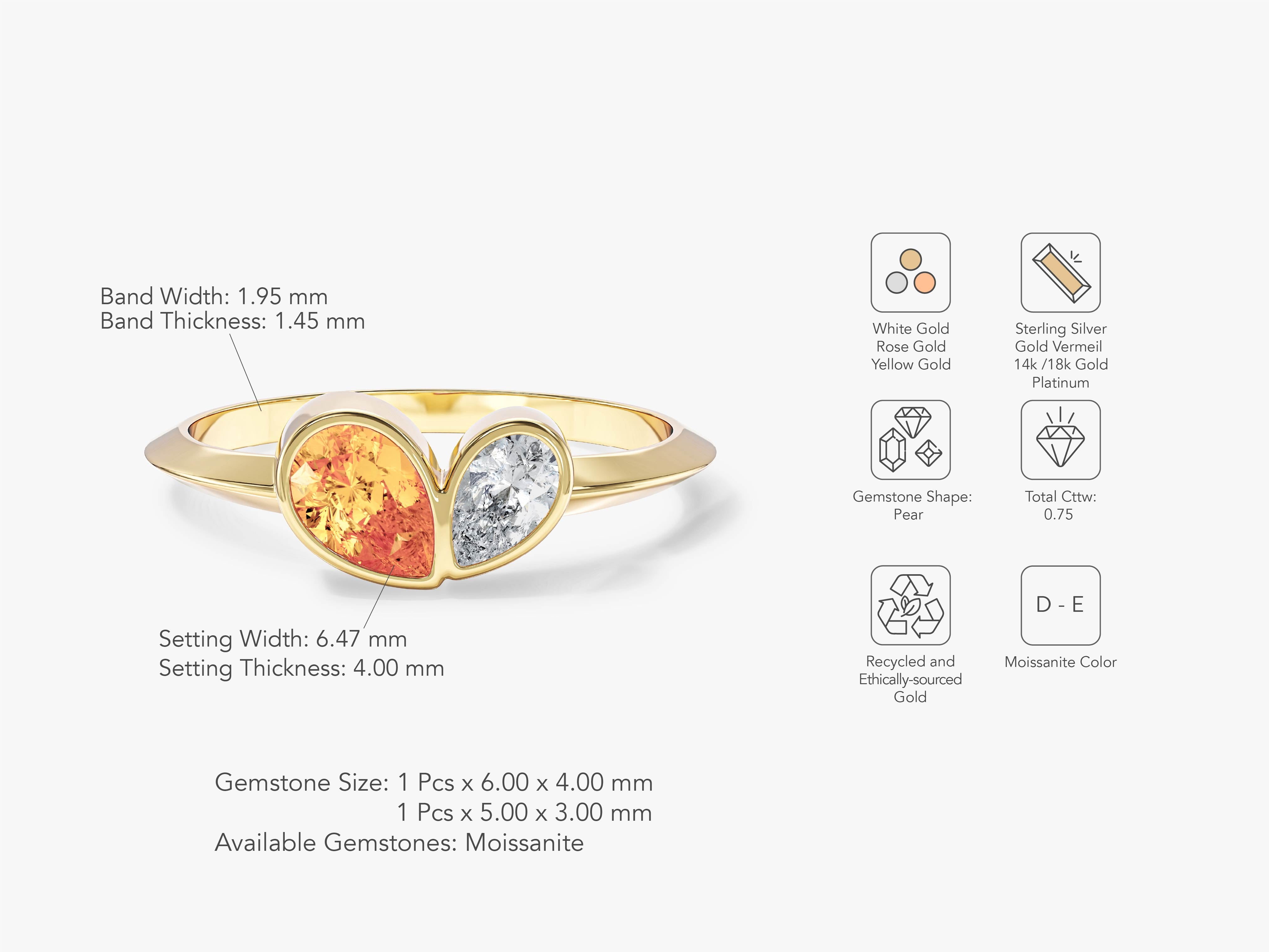 Gold ring with pear-shaped moissanite and orange sapphire