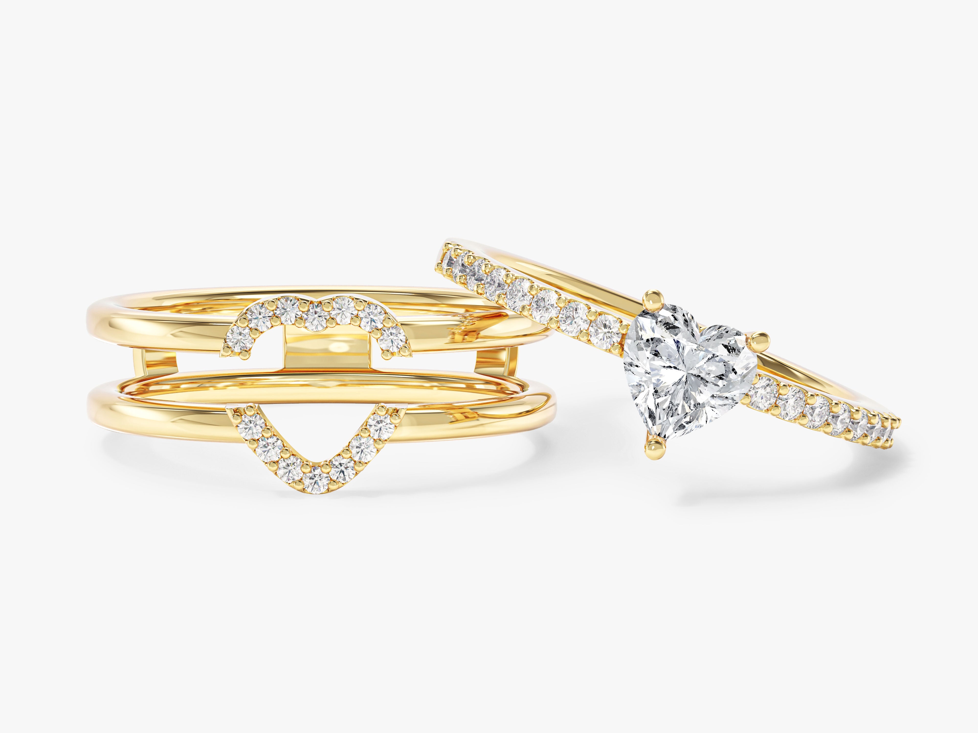 Gold diamond heart engagement ring and wedding band set