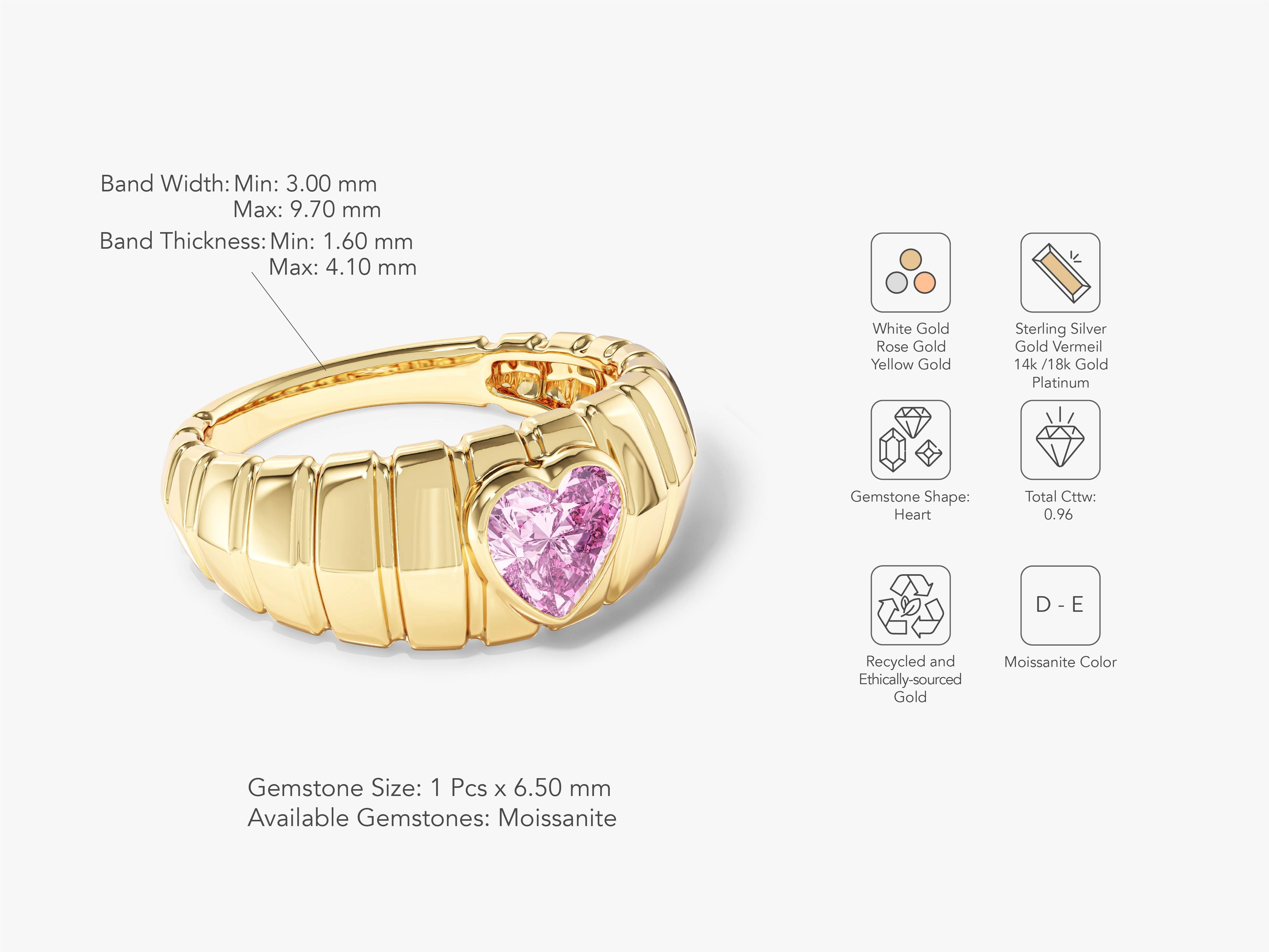 Gold ring with pink heart moissanite gemstone, jewelry details