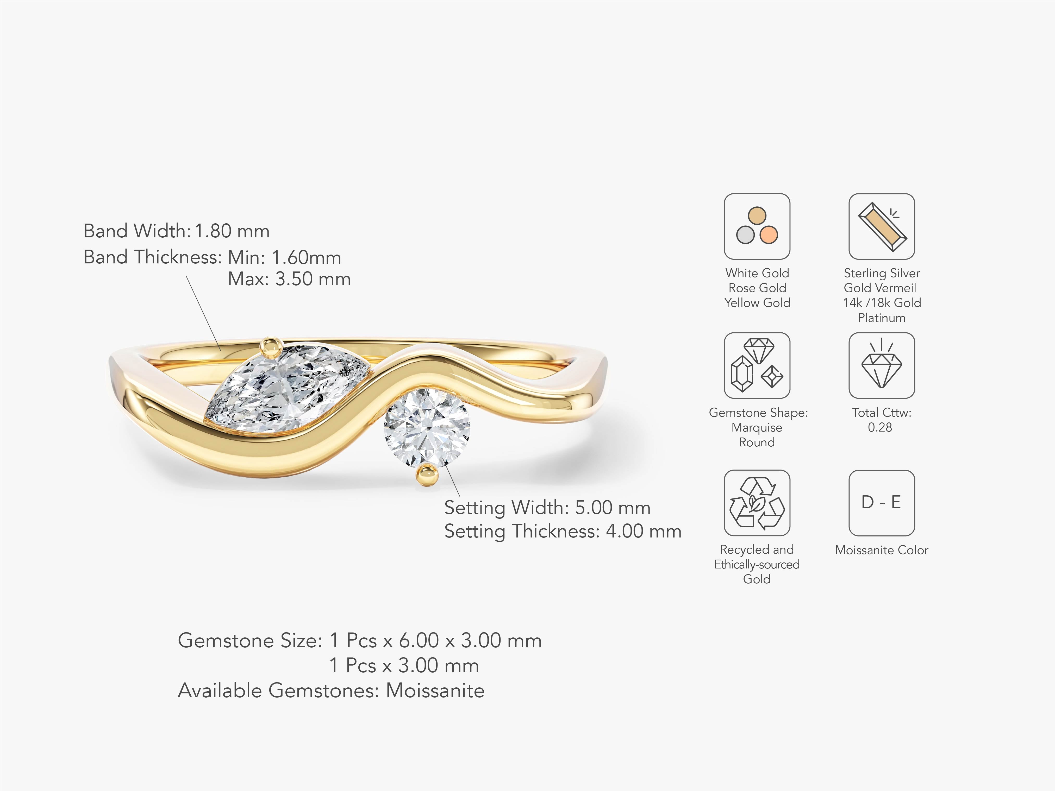 Gold ring with marquise and round moissanite gemstones