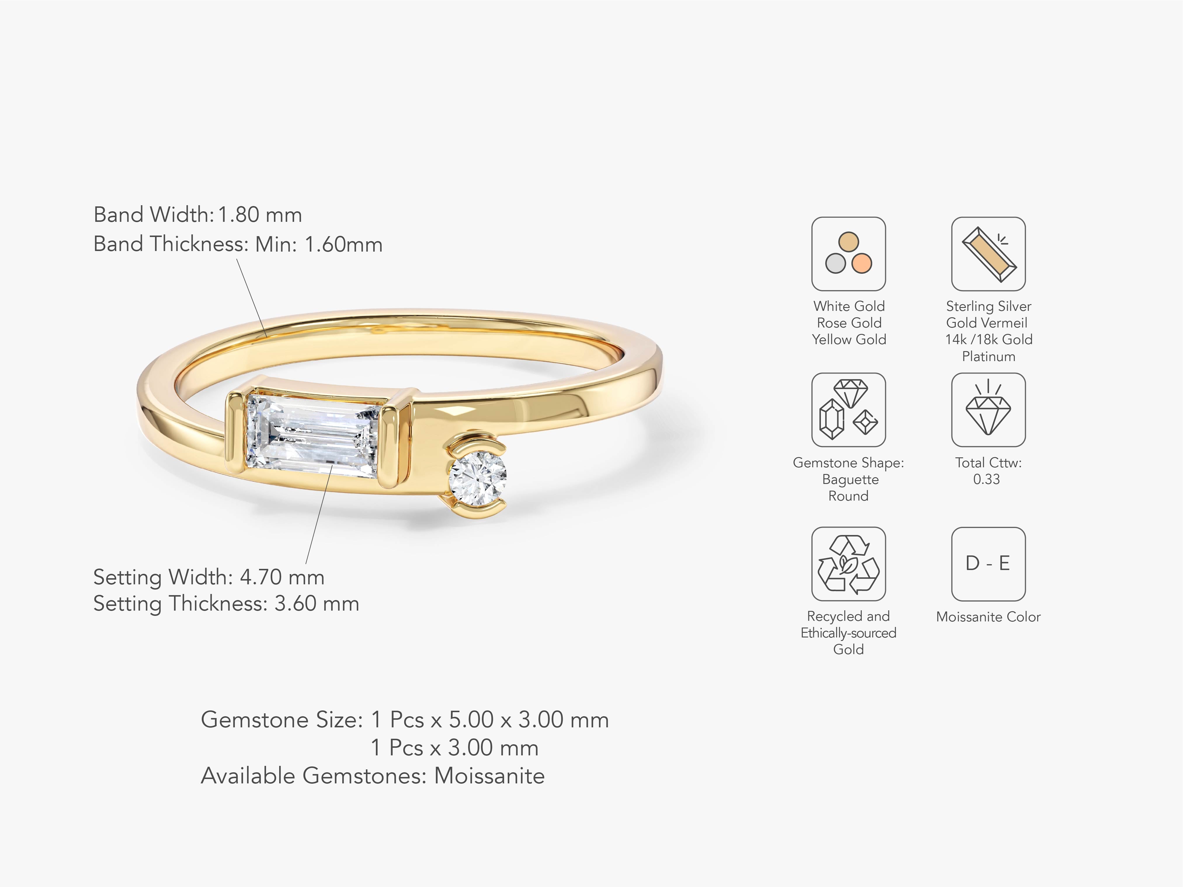 Gold ring with baguette and round moissanite gemstones