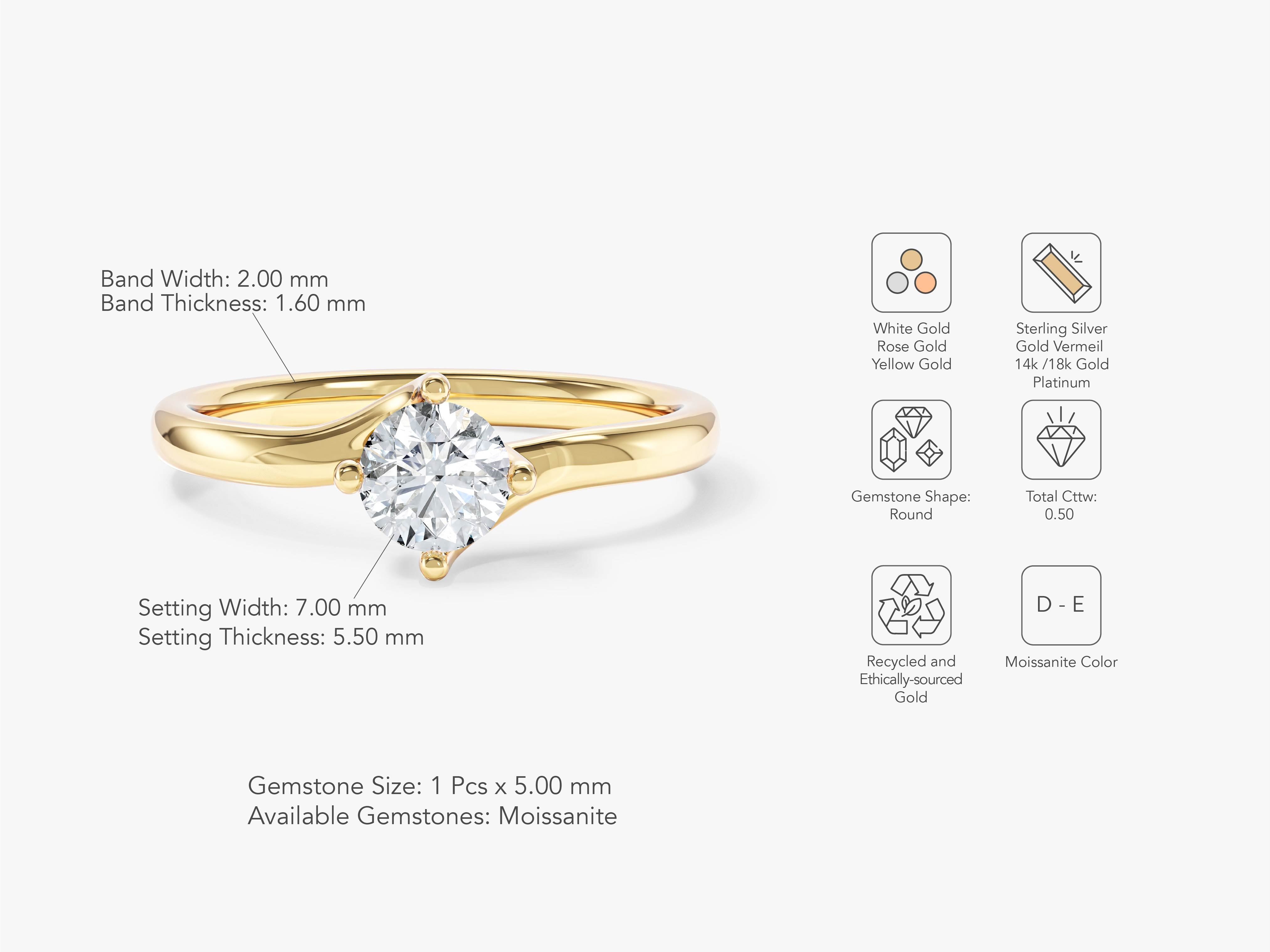 Gold moissanite engagement ring with detailed specifications