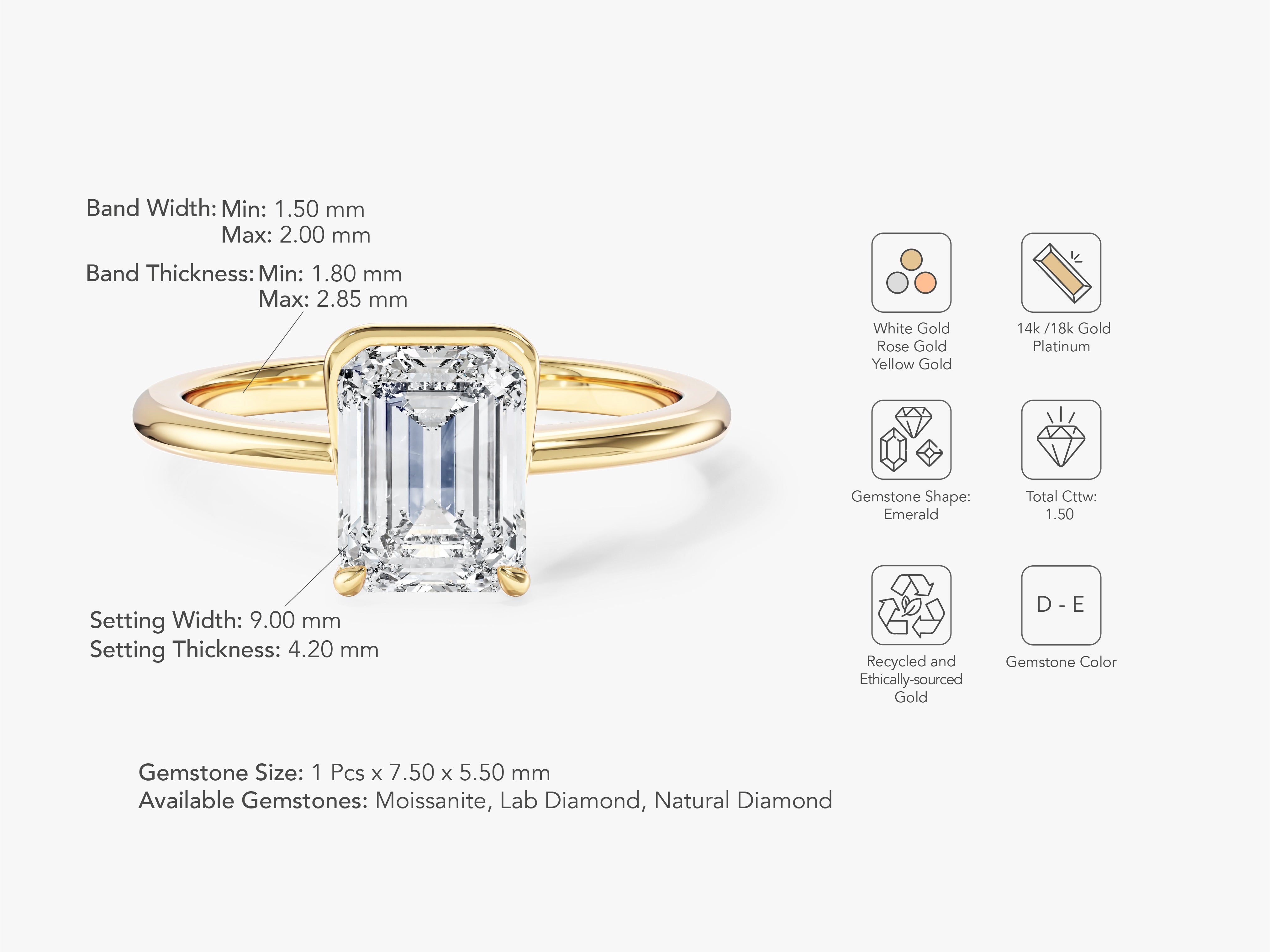 Solo Emerald Cut Natural Diamond Engagement Ring