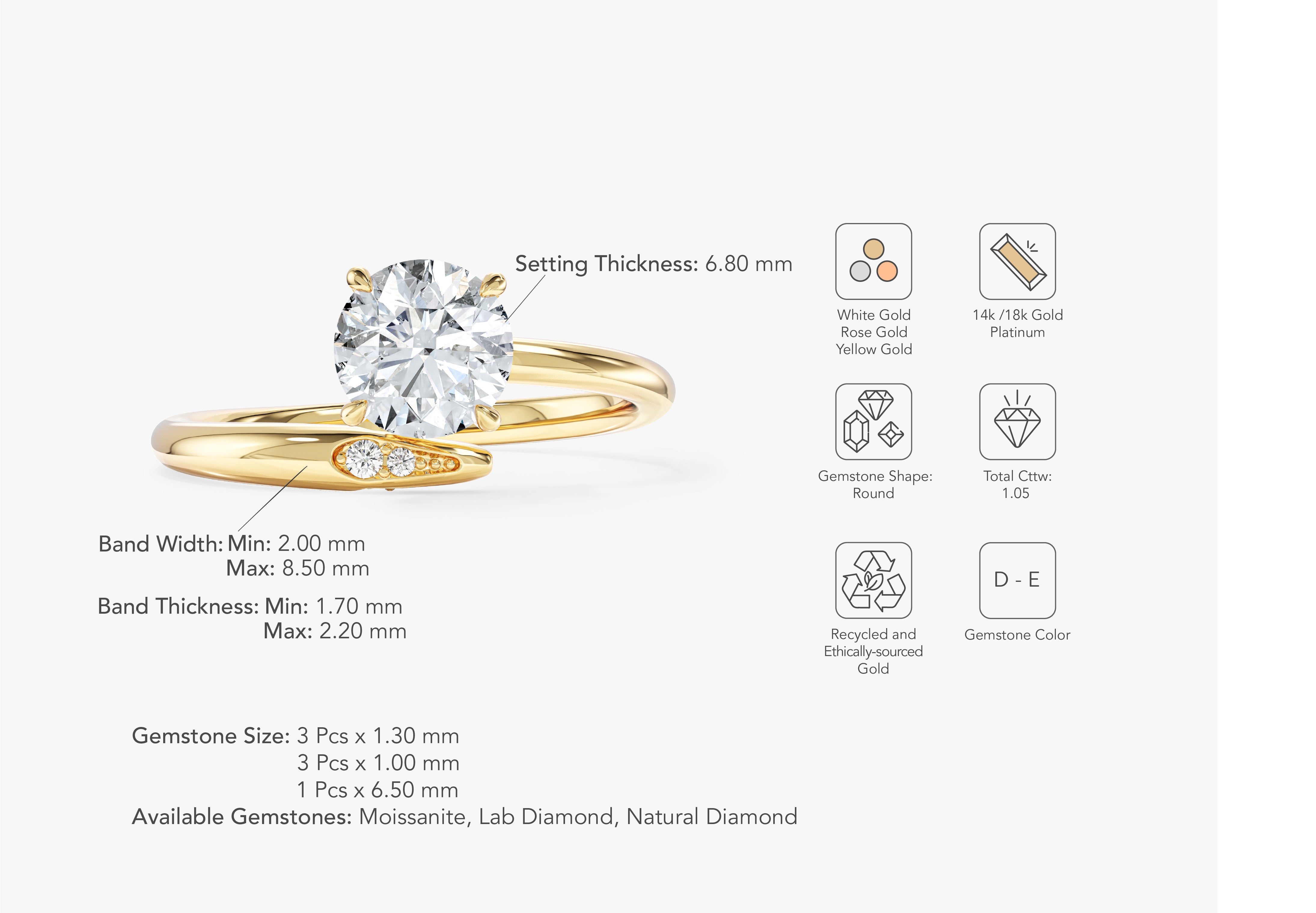 Round Cut Moissanite Open Shank Engagement Ring