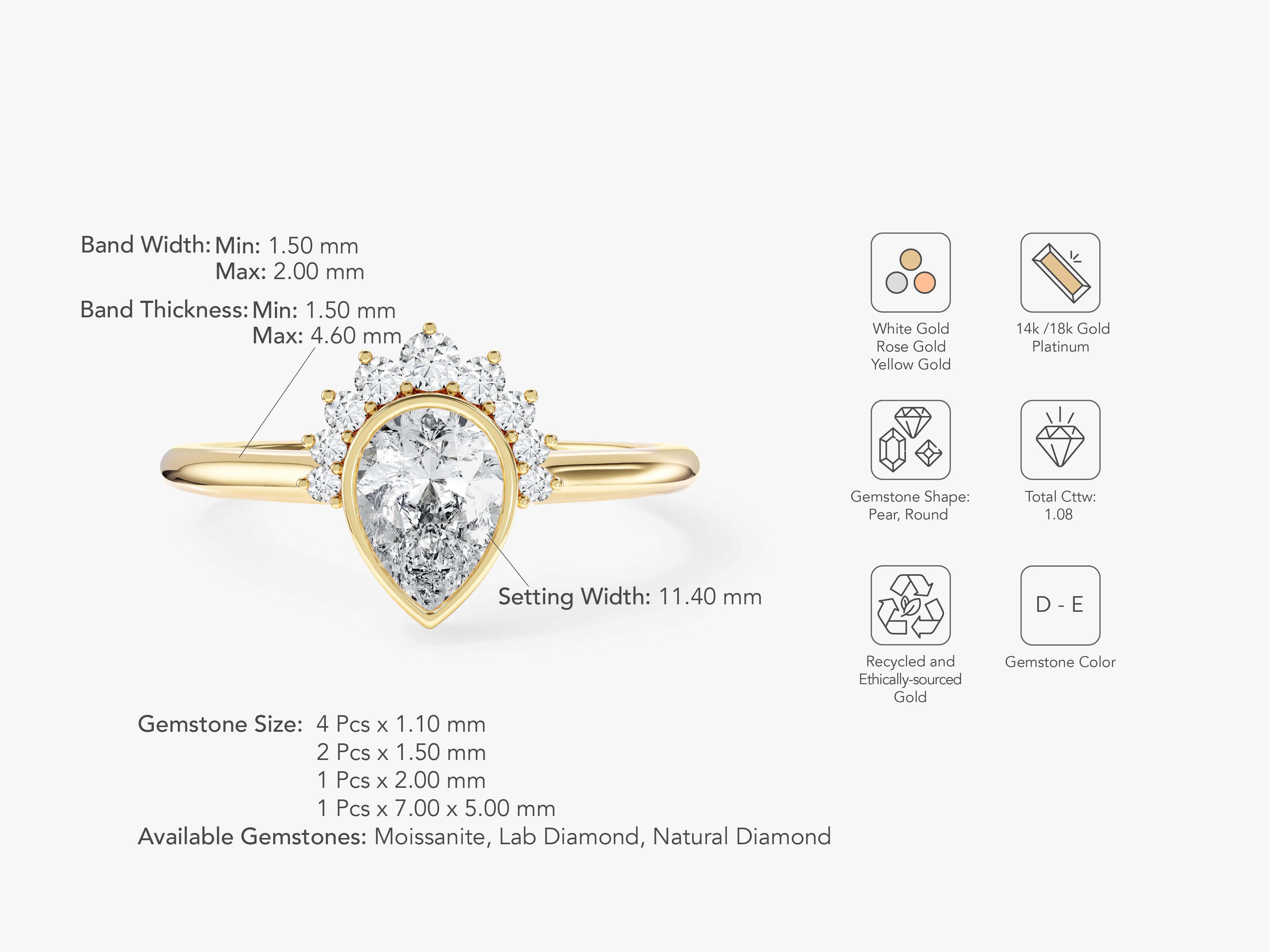 Pear Cut Natural Diamond Crown Engagement Ring