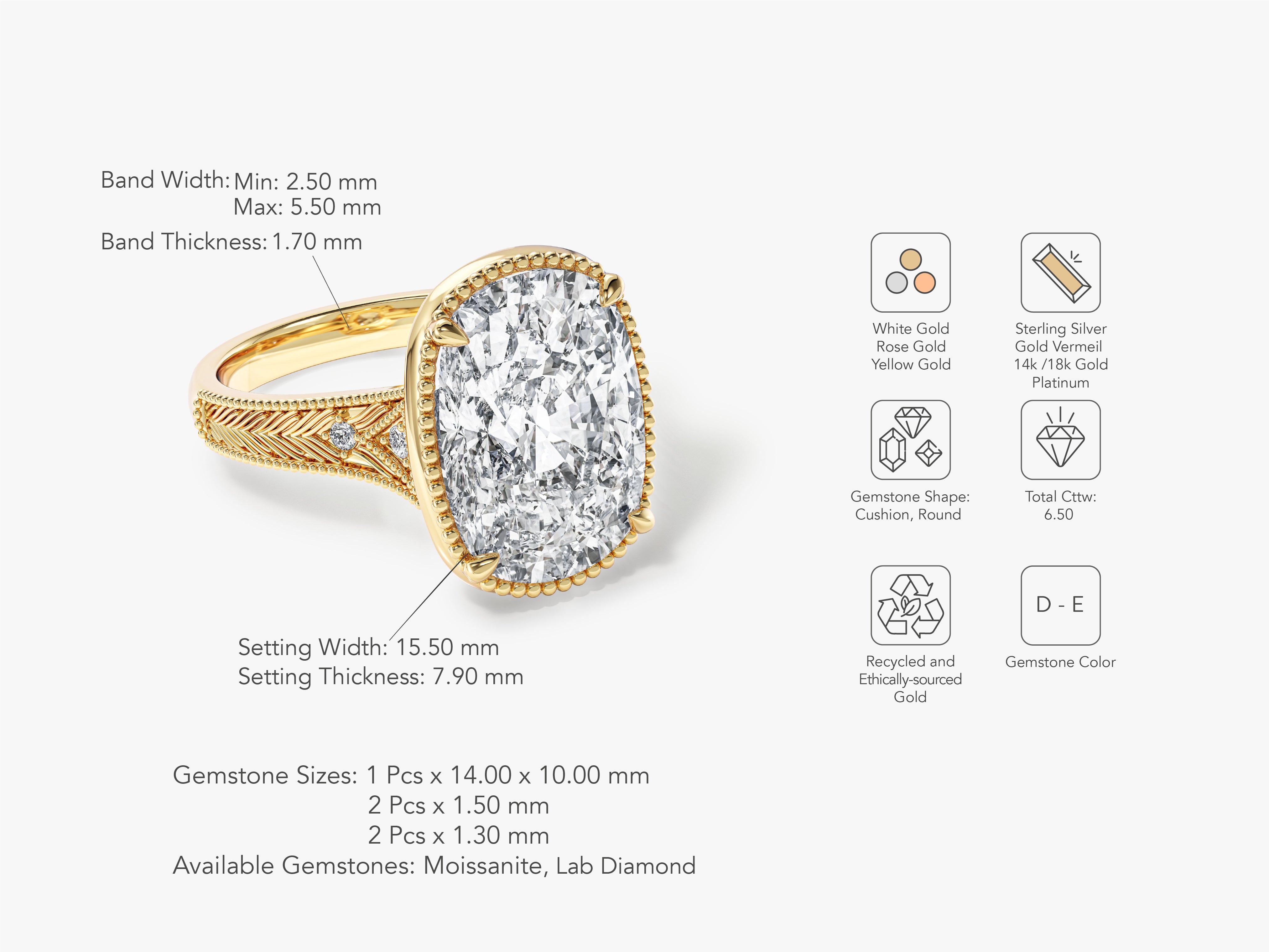 Cushion cut diamond ring in yellow gold with intricate band details