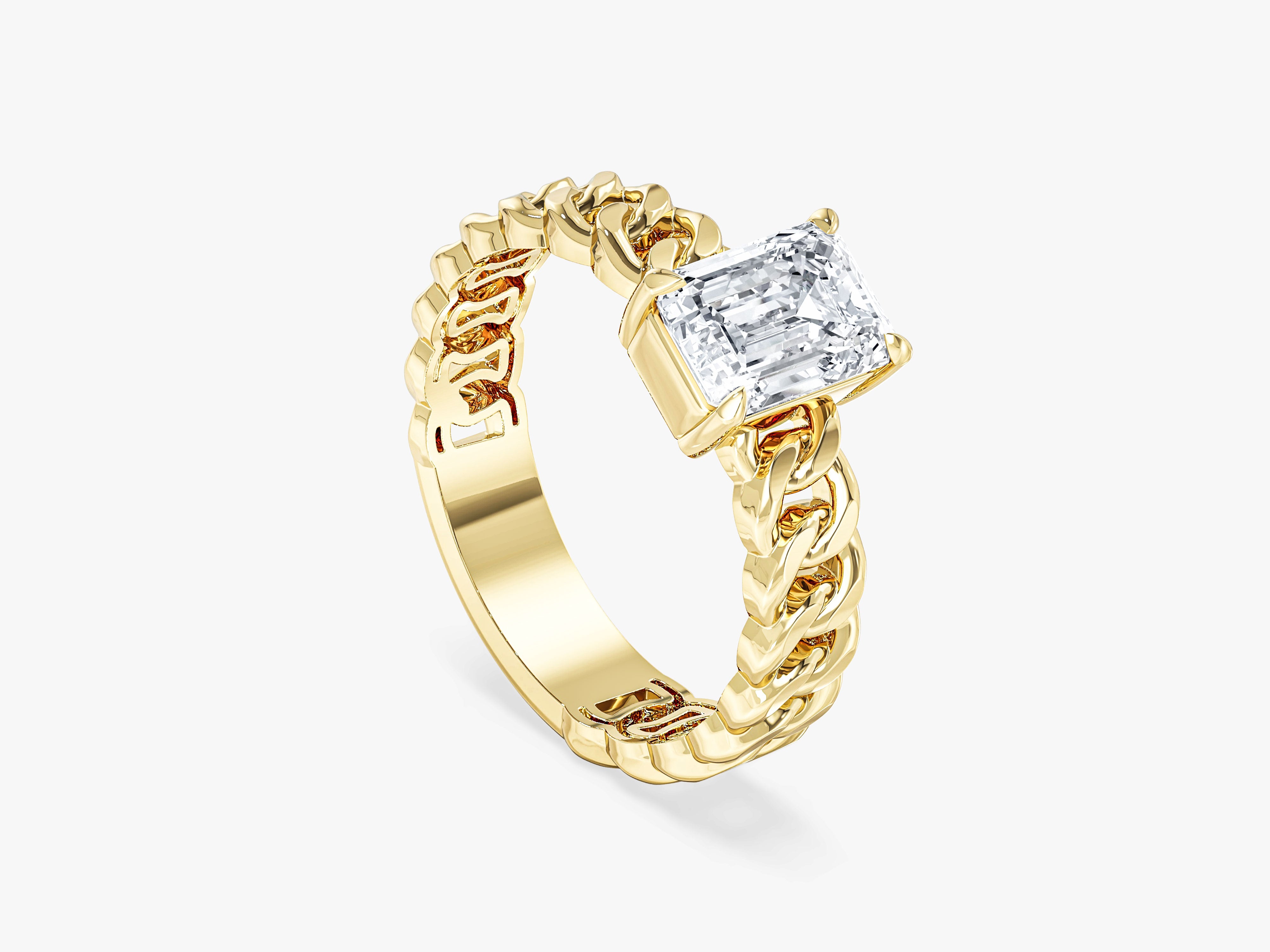 Chain Band Emerald Cut Moissanite Engagement Ring