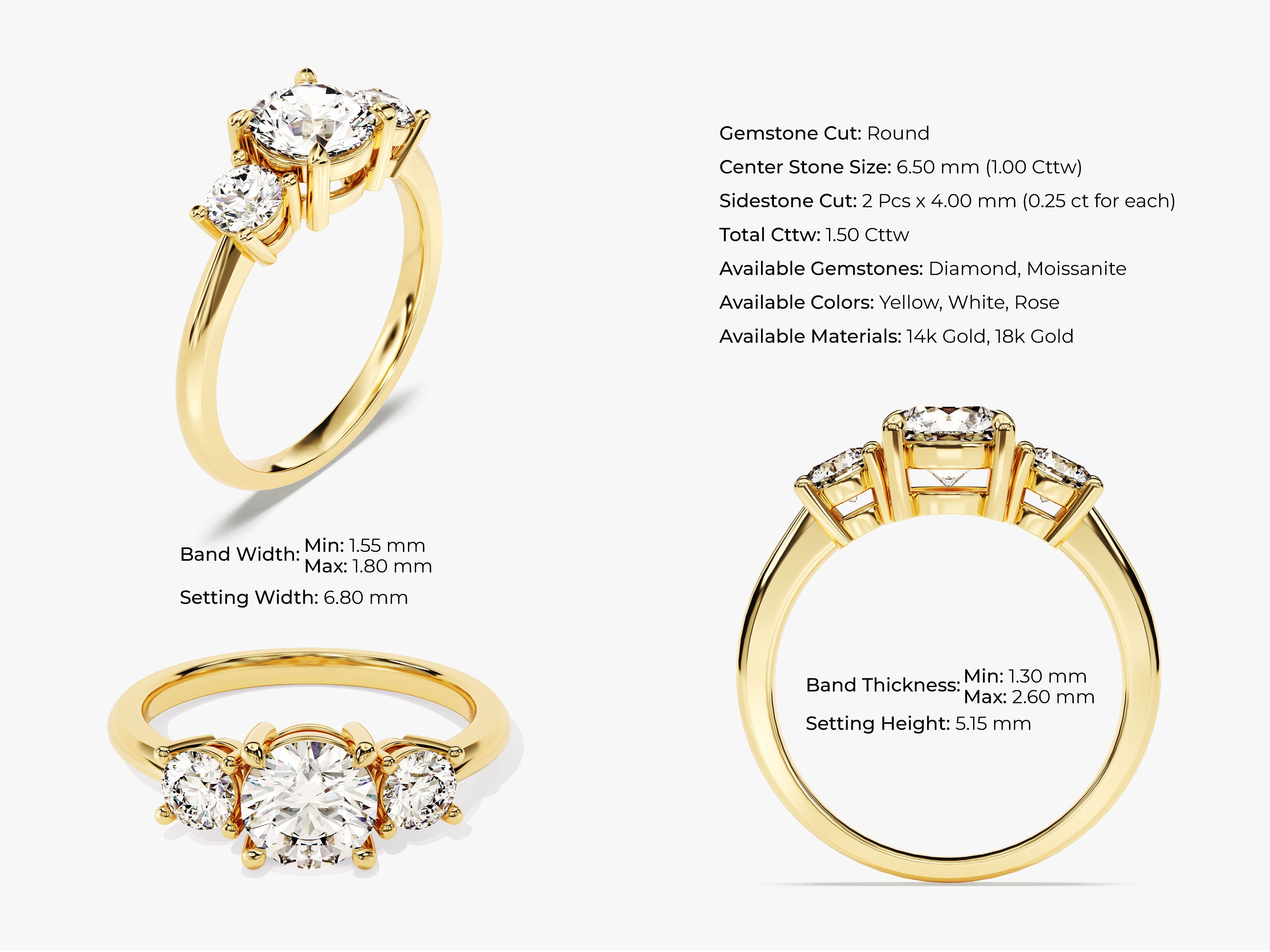 Gold three-stone diamond ring, 1.50 cttw, 14k or 18k gold