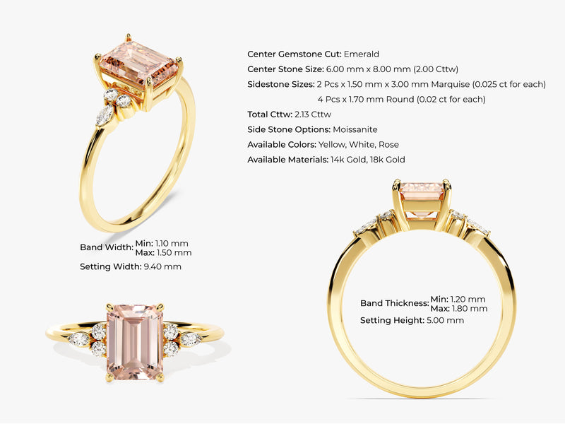 Emerald Cut Peach Morganite Engagement Ring with Round and Marquise Sidestones