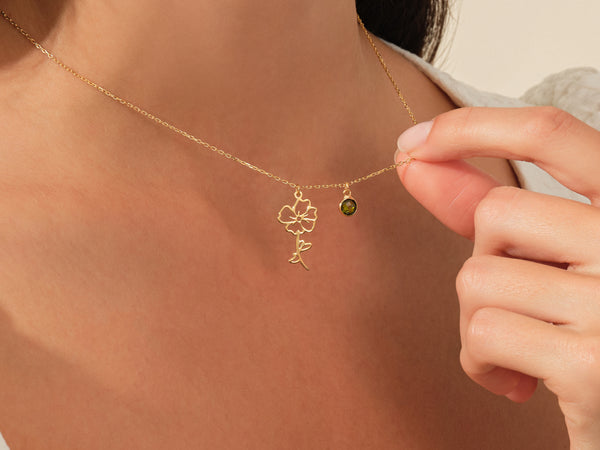 Blossom Birthflower Necklace with Birthstone in 14k Solid Gold