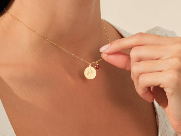 Birthflower Disc Necklace with Birthstone in 14k Solid Gold