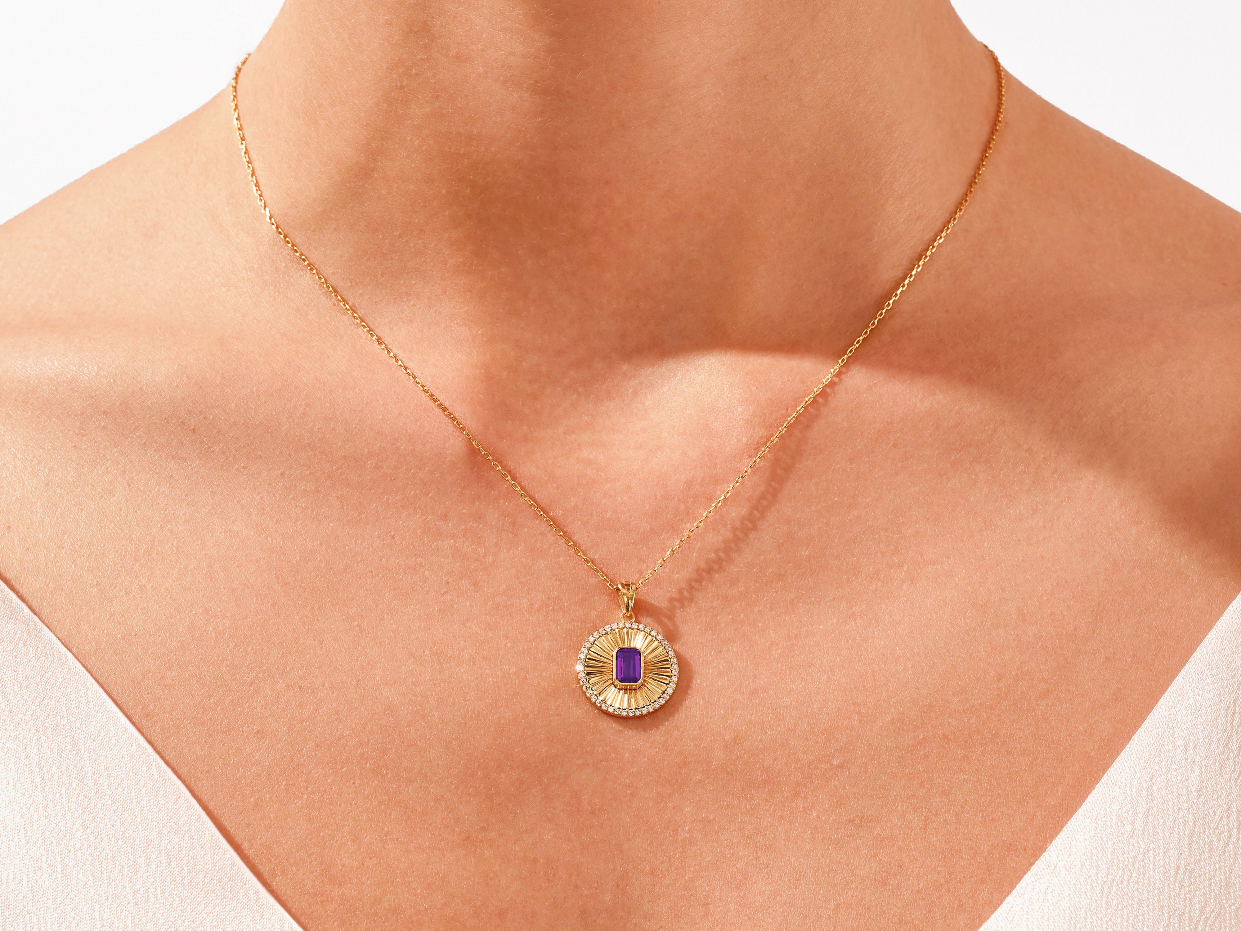 Sunburst Amethyst Pendant Necklace in 14k Solid Gold