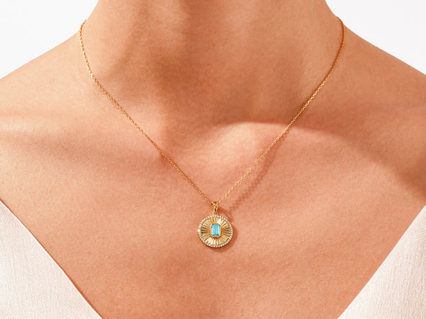 Sunburst Aquamarine Pendant Necklace in 14k Solid Gold
