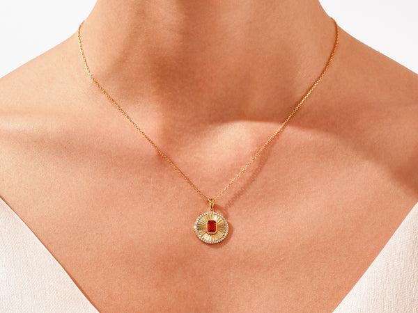 Sunburst Garnet Pendant Necklace in 14k Solid Gold
