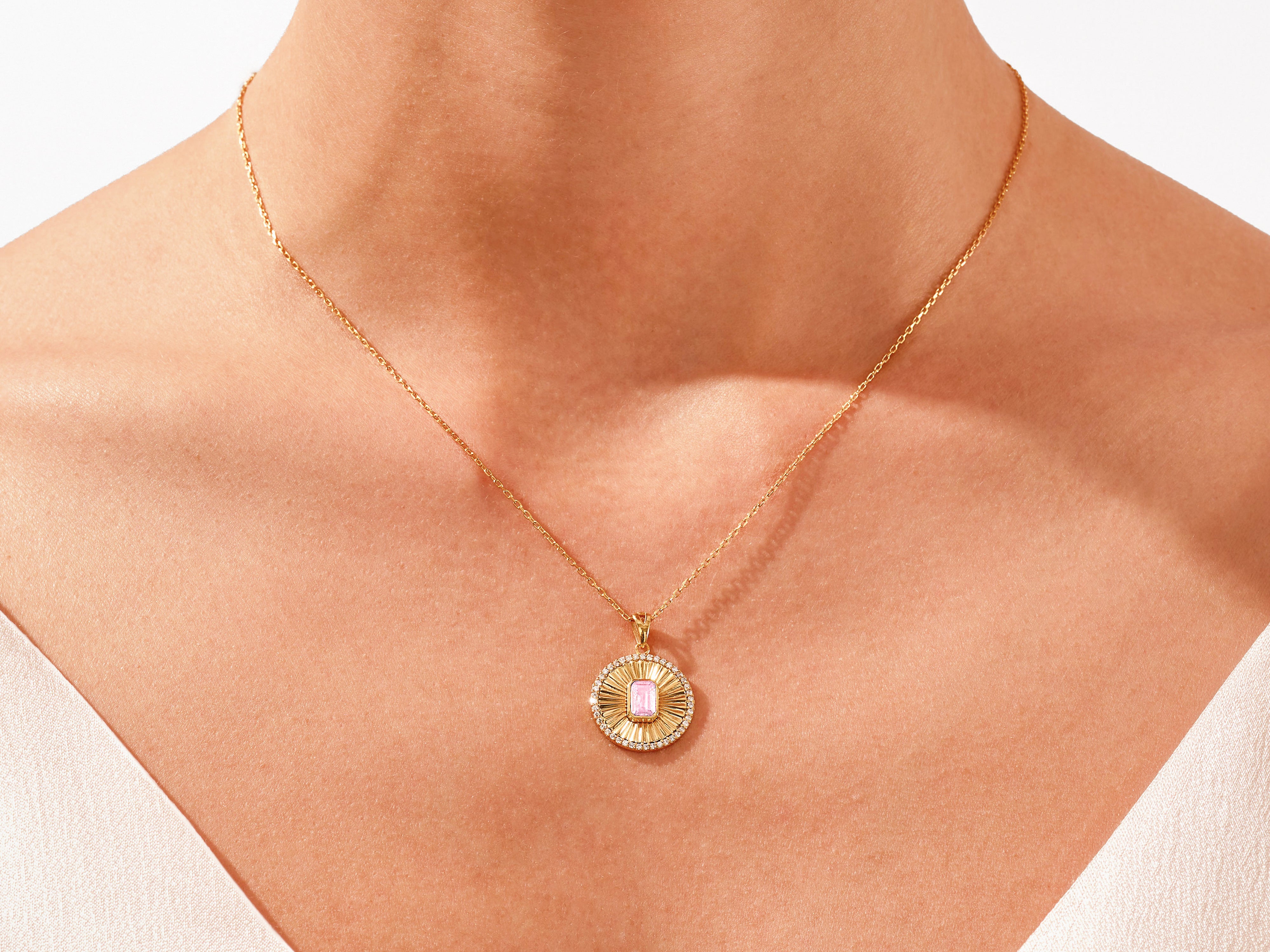 Sunburst Pink Tourmaline Pendant Necklace in 14k Solid Gold