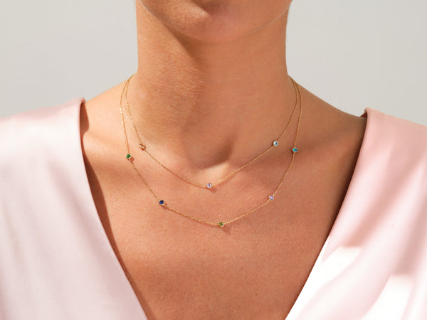 Bezel Set Emerald Station Necklace in 14k Solid Gold
