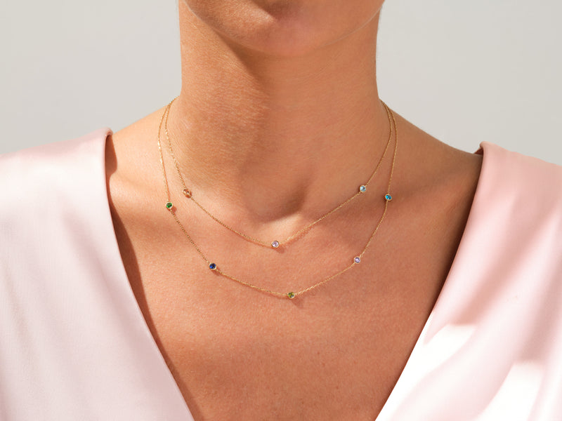 Bezel Set Blue Topaz Station Necklace in 14k Solid Gold