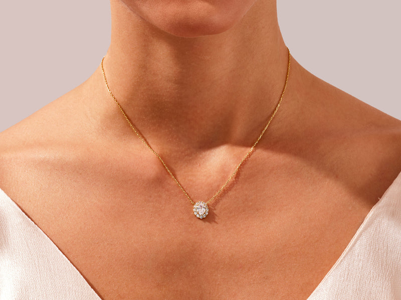 Oval Halo Diamond Necklace in 14k Solid Gold