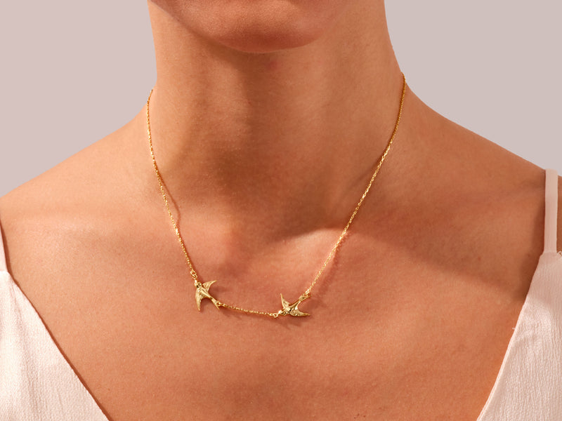 Double Swallow Necklace in 14k Solid Gold