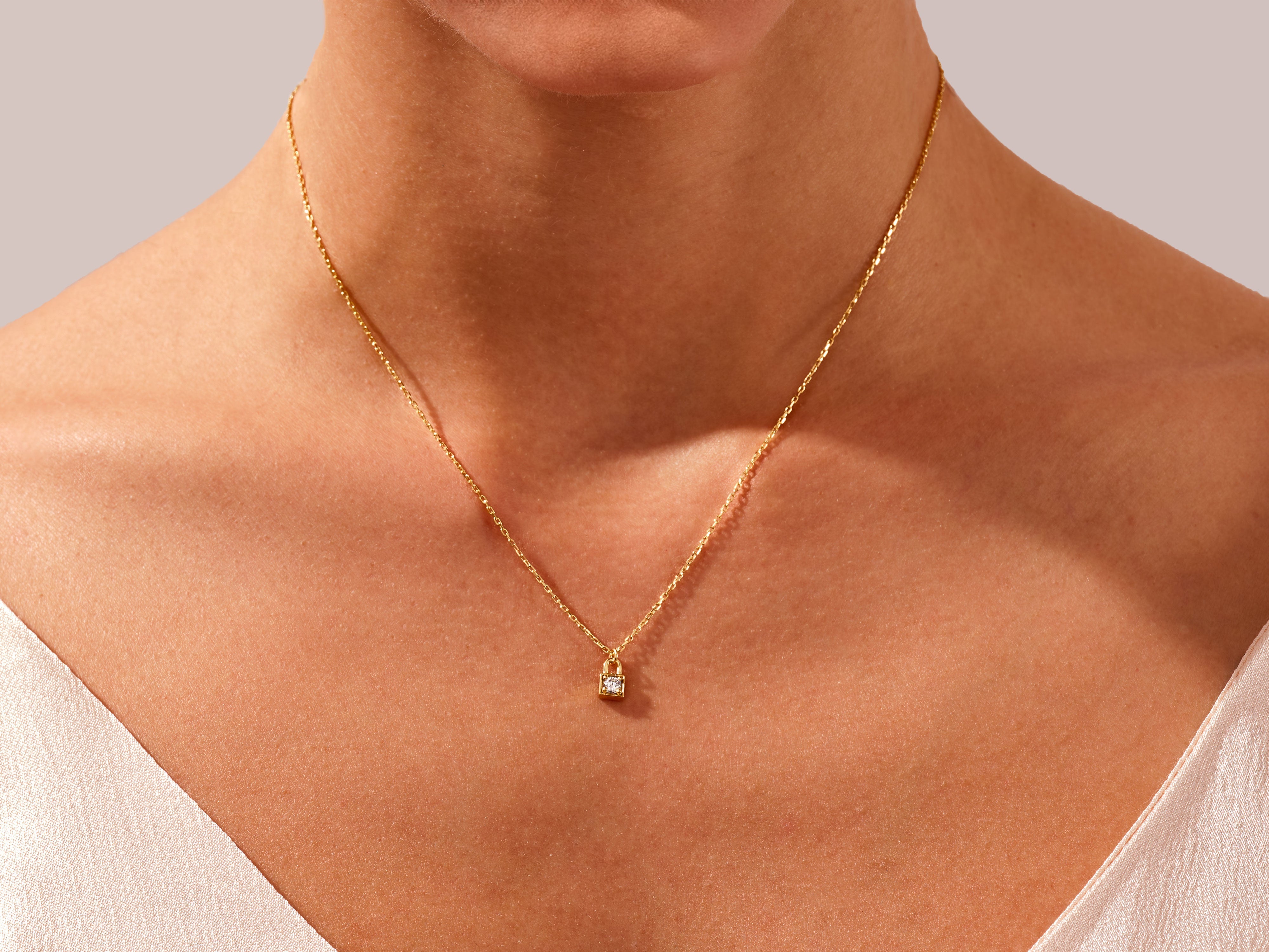 Gold padlock necklace with diamond accent, fine jewelry for women