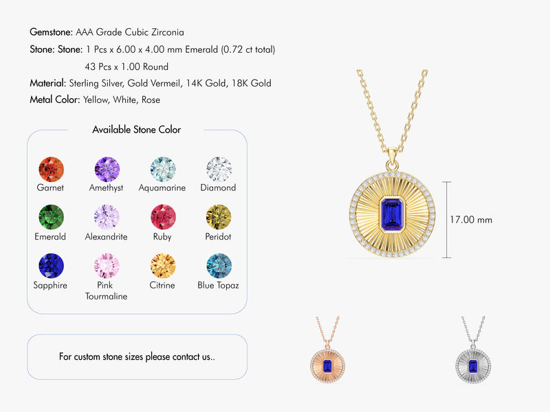 Emerald AAA cubic zirconia pendant necklace, sterling silver, gold vermeil, 14K, 18K gold