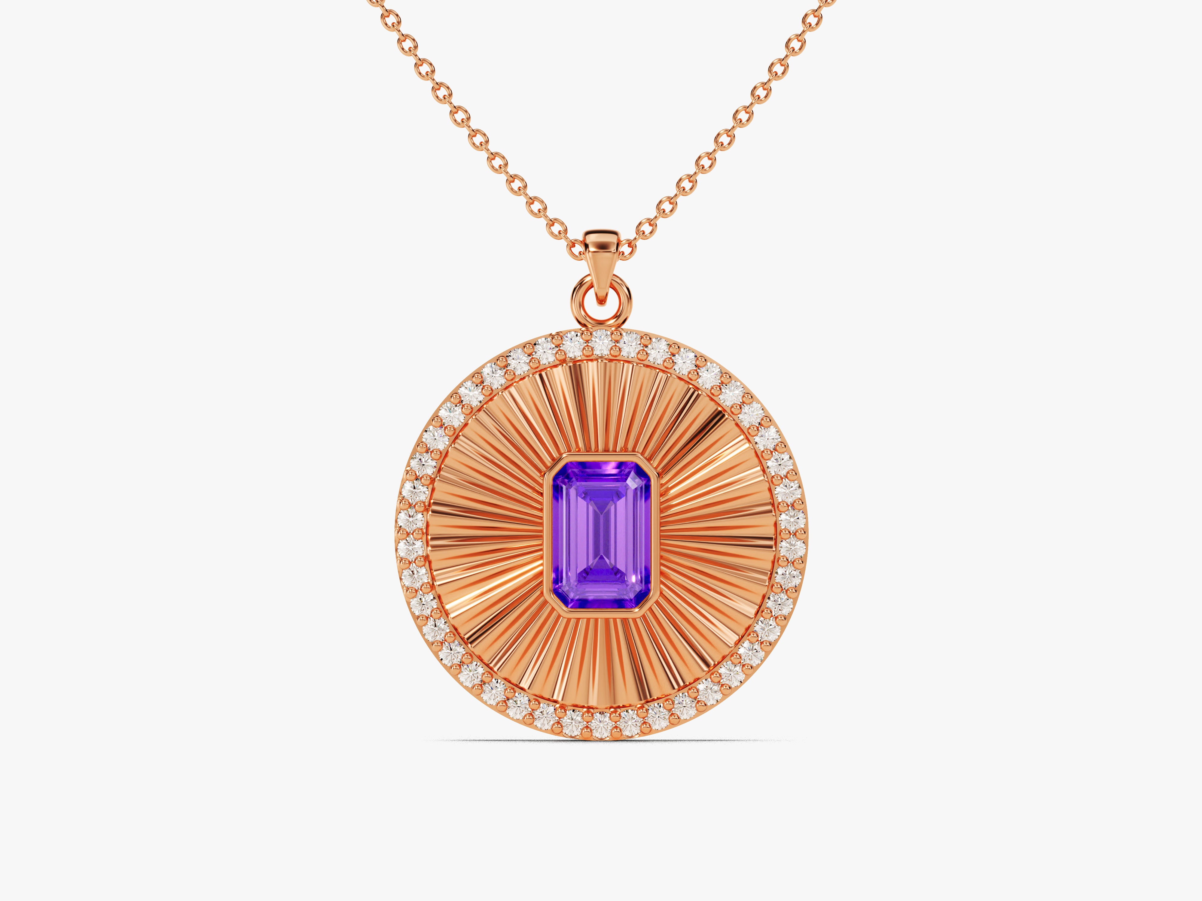 Sunburst Amethyst Pendant Necklace in 14k Solid Gold
