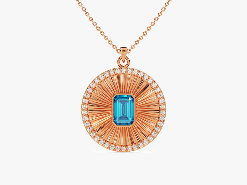 Sunburst Blue Topaz Pendant Necklace in 14k Solid Gold