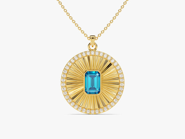 Sunburst Blue Topaz Pendant Necklace in 14k Solid Gold