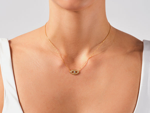 Bezel Diamond Evil Eye Necklace in 14k Solid Gold