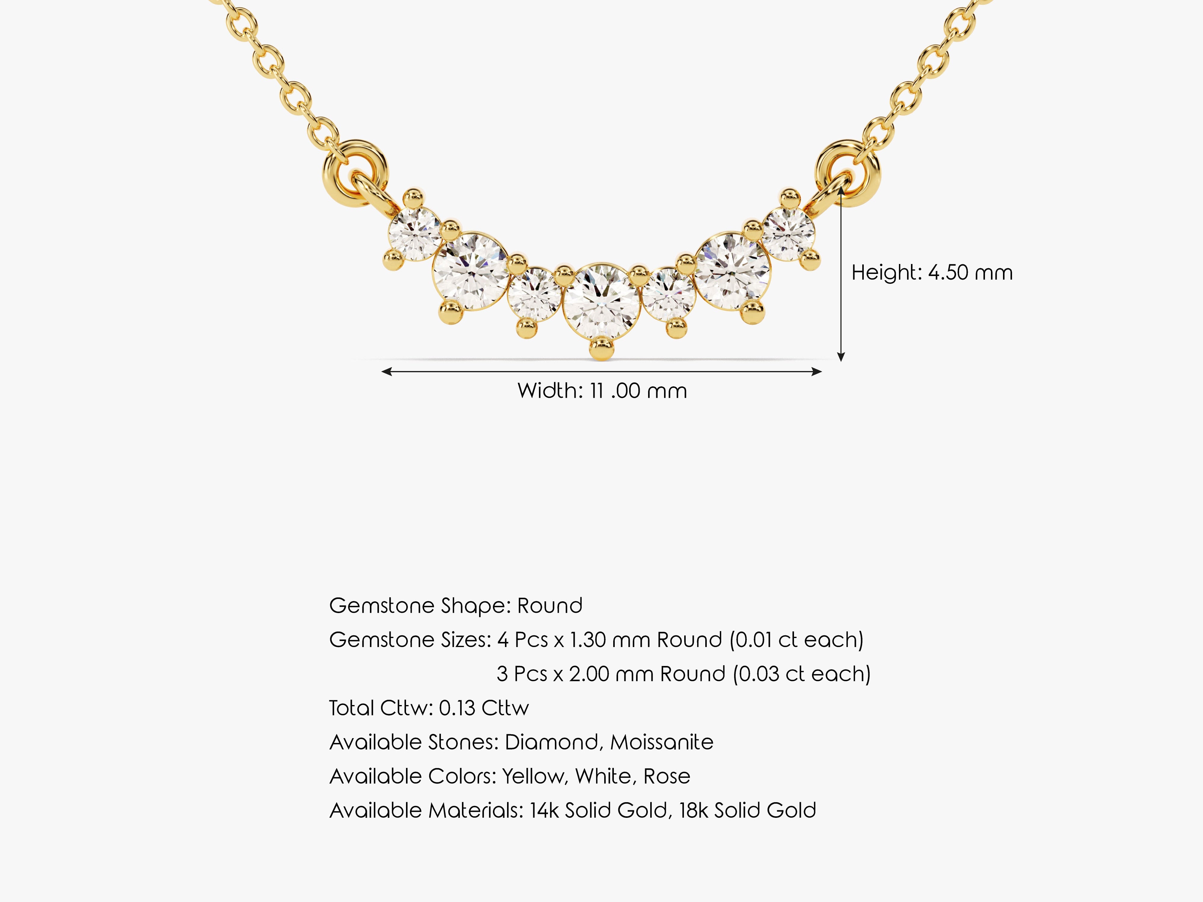 Gold necklace with round diamonds and measurements