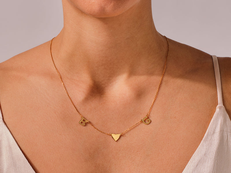 Double Initial Heart Necklace in 14k Solid Gold