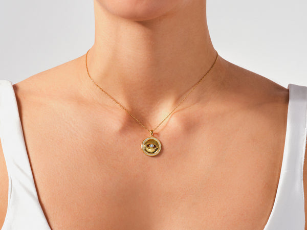 Solitaire Diamond Eye Necklace in 14k Solid Gold
