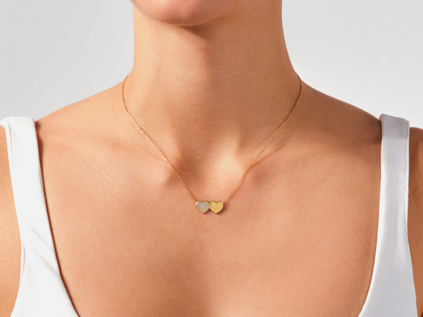 Double Heart Necklace with Diamonds in 14k Solid Gold