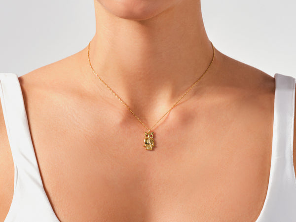 Owl Birthstone Necklace in 14k Solid Gold