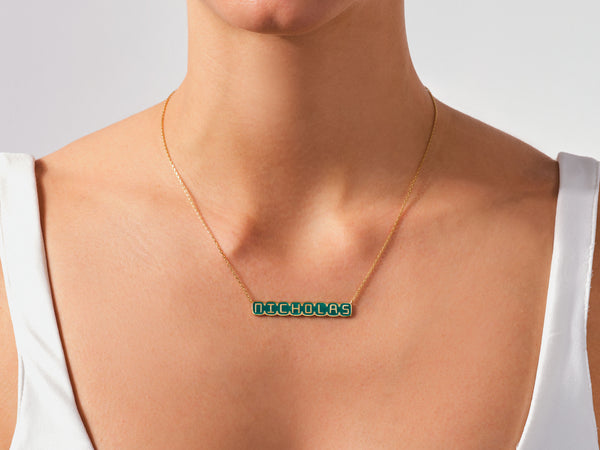 Green Enamel Name Necklace in 14k Solid Gold