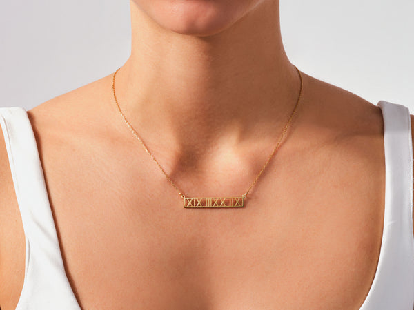Roman Numeral Date Necklace in 14k Solid Gold