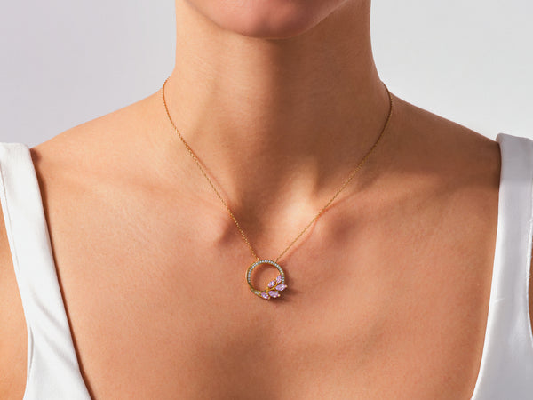 Circle Gemstone Leaf Necklace in 14k Solid Gold