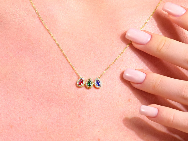 Halo Family Birthstone Necklace in 14K Solid Gold