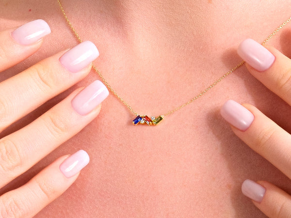 Baguette Family Birthstone Necklace in 14K Solid Gold