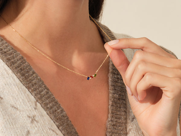 Baguette Family Birthstone Necklace in 14K Solid Gold