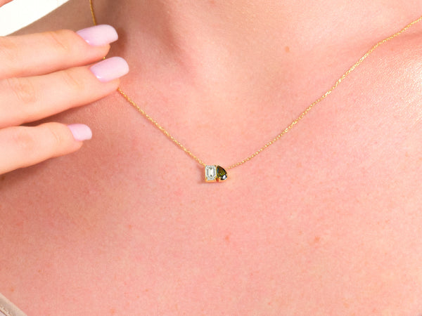 Emerald & Pear Birthstone Necklace in 14K Solid Gold