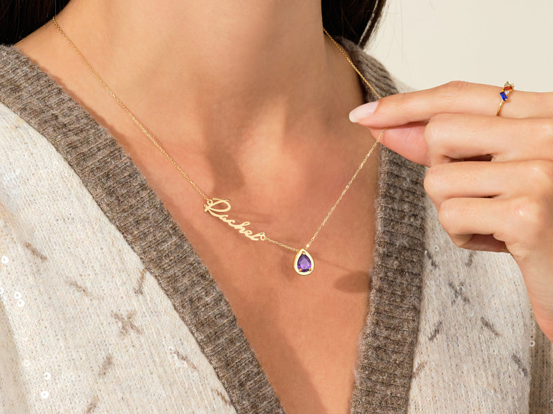 Pear Diamond Birthstone Name Necklace in 14K Solid Gold