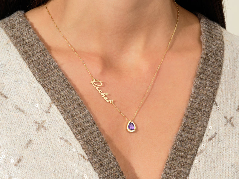 Pear Pink Tourmaline Name Necklace in 14K Solid Gold