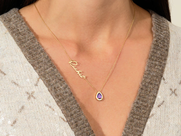 Pear Garnet Name Necklace in 14K Solid Gold